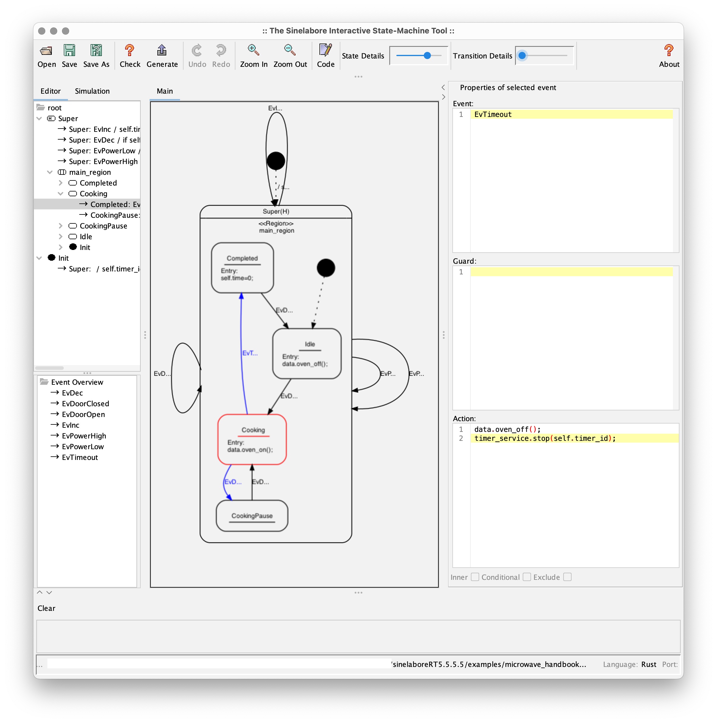  Microwave oven example in the integrated state machine editor.