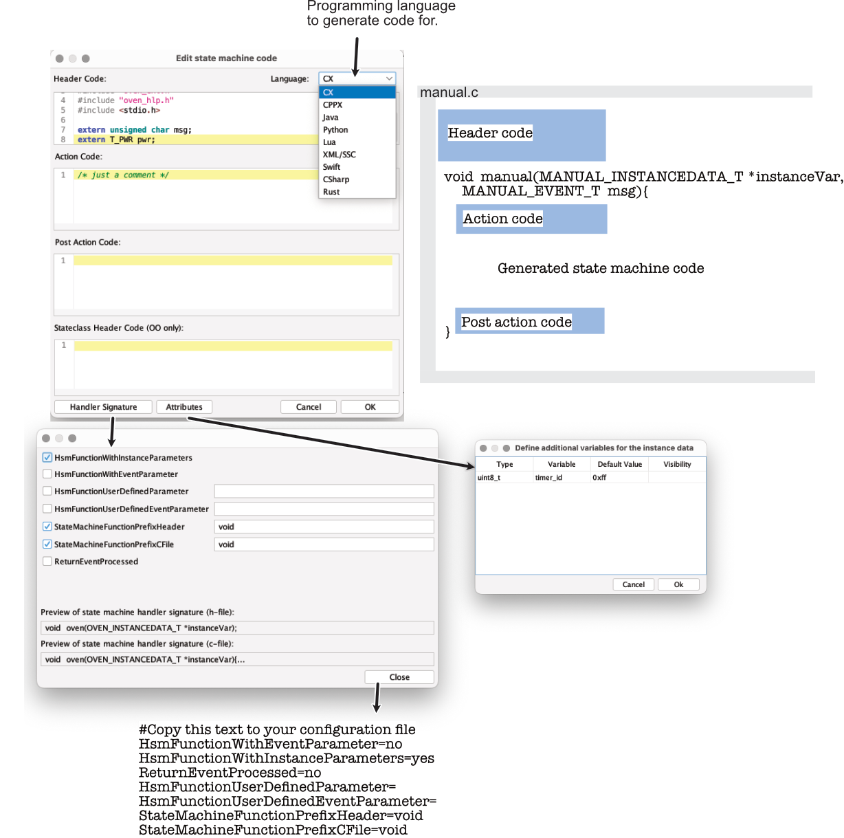  The code window allows to select the programming language and the various code sections inserted into the generated code.