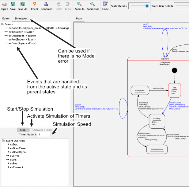 Simulation window with manual timer simulation.